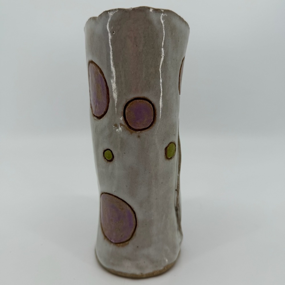 Vtg Studio Pottery Vase Signed Dated Purple Green Polka Dot Handmade Ceramic - Picture 4 of 8